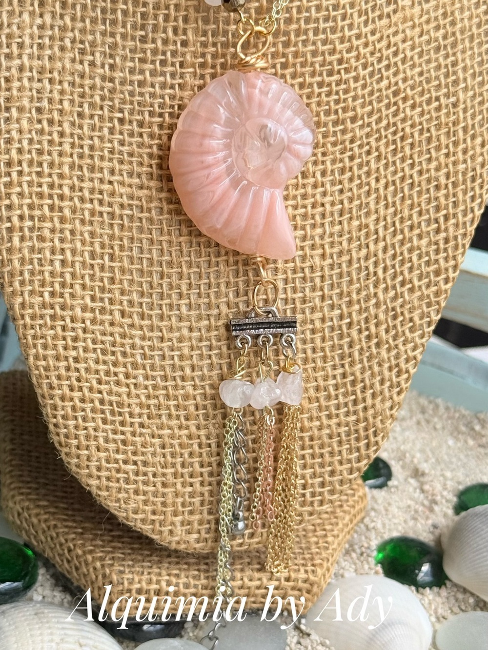Summer beaded Pink Rose Quartz Nautilus Tassel Necklace - Picture 3 of 11